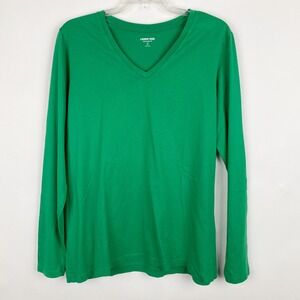 Lands End Womens Relaxed Fit Long Sleeve V Neck Green T Shirt Size M Basic
